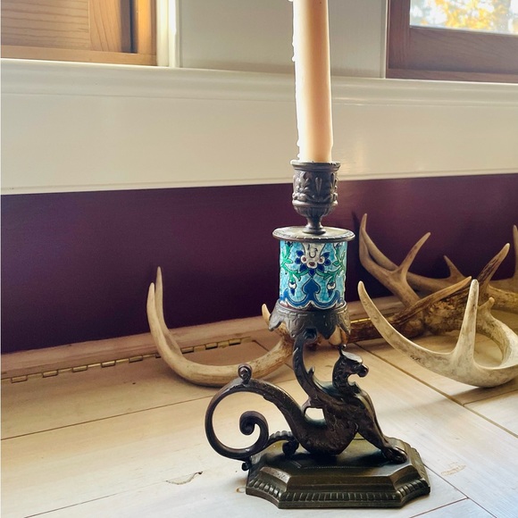 Antique French Longwy, Bronze Gargoyle Griffin Candlestick, Victorian, Gothic - Picture 11 of 12